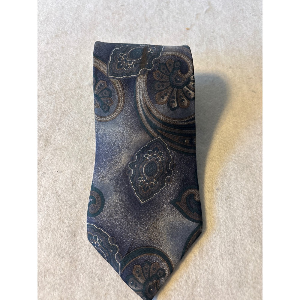 Henry Grethel Necktie Mens OS Blue Grey Excellent Italian Silk Paisley Medallion